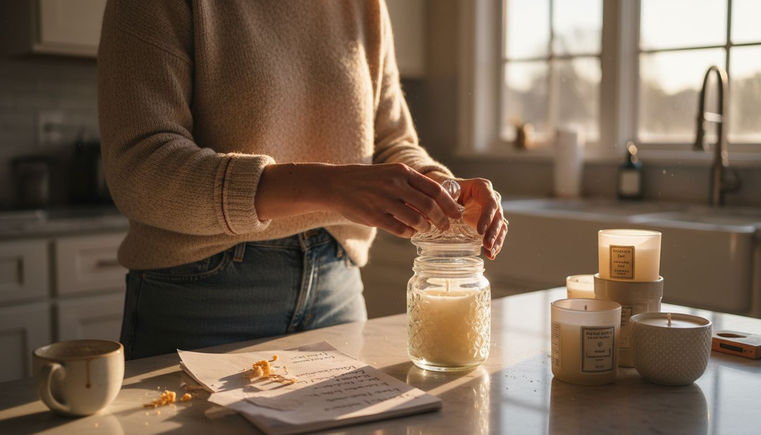 Woman selecting scented candle in home kitchen