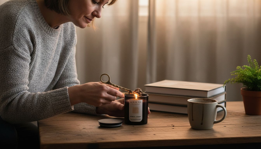 Woman trimming candle wick for calm ritual