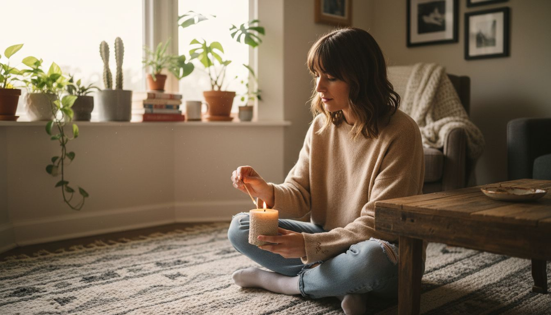 Woman lighting soy candle in cozy living room