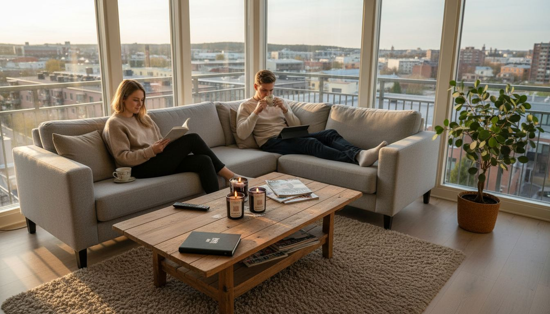 Couple relaxing with candles in city living room