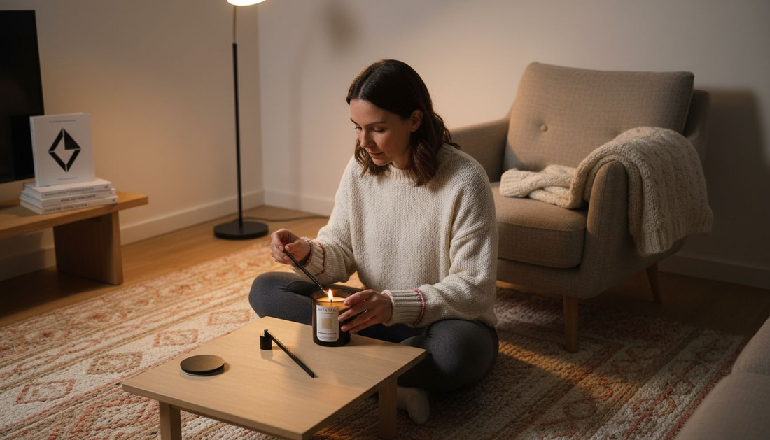 Woman lighting premium candle in cozy living room