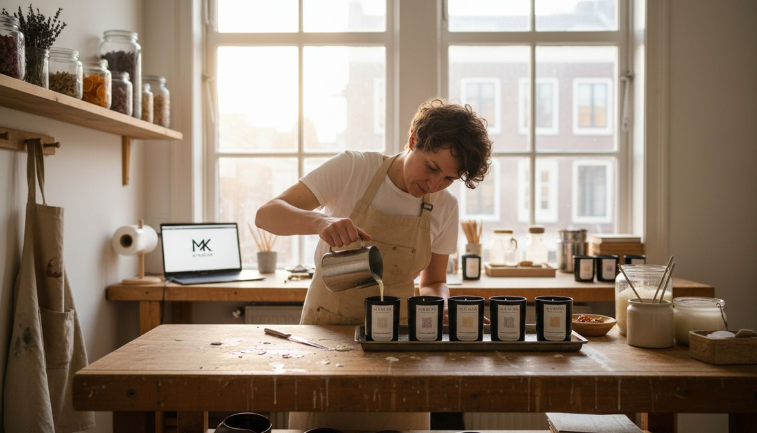 Artisan pouring wax in Amsterdam candle studio