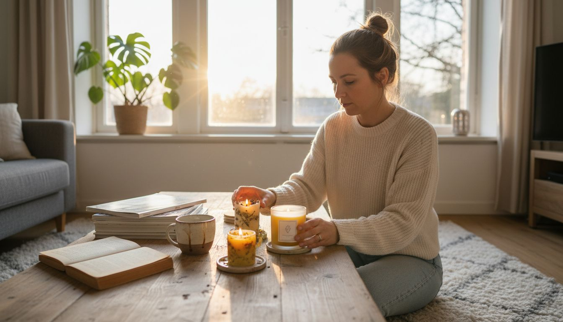 Woman arranging natural candles in a sunlit living room