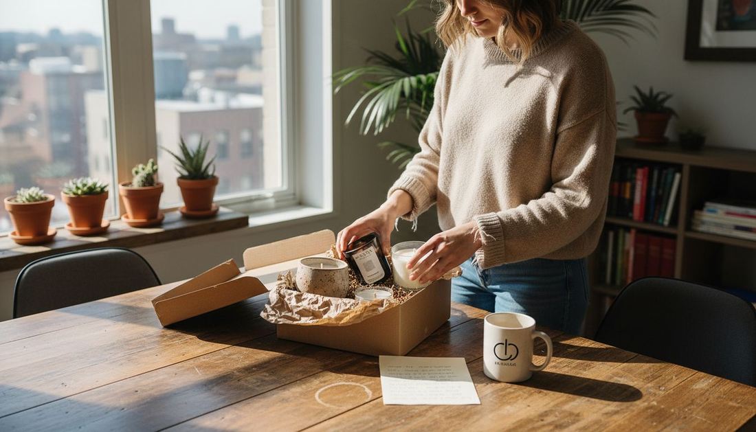 Woman arranging eco-friendly candle gifts