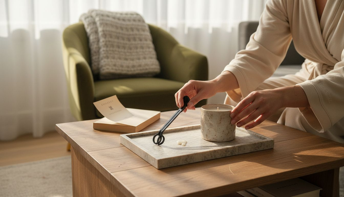 Woman arranging luxury candle and wick trimmer