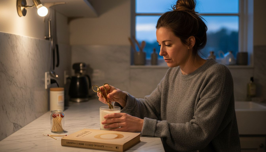 Woman trimming candle wick at kitchen counter