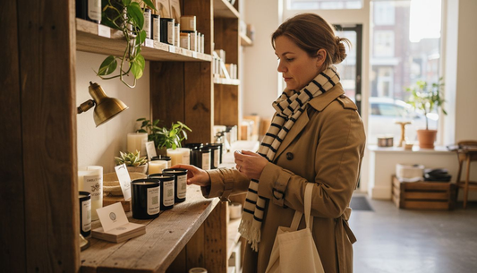 Woman shopping for cruelty-free candles in boutique