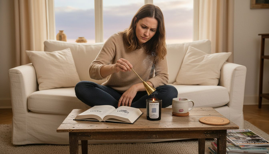 Woman using candle snuffer on coffee table