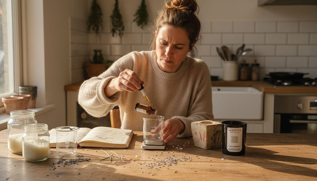 Woman measuring oils at candle making table