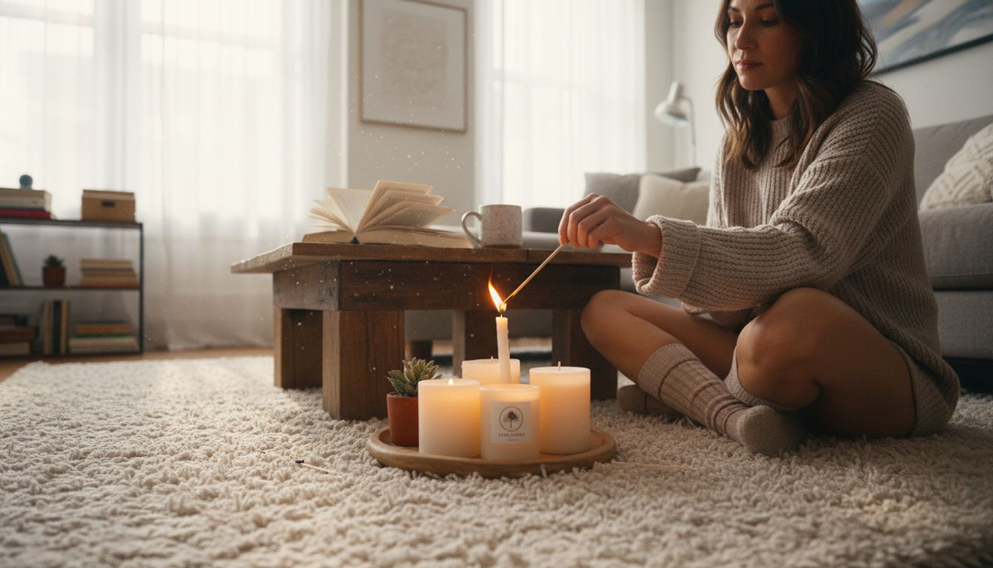 Woman lighting candles for mindful relaxation
