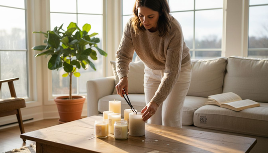 Woman arranging candles in cozy mindful home