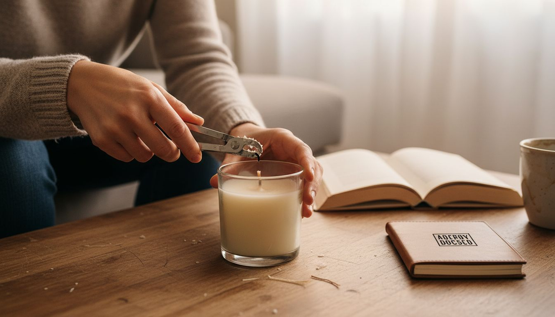 Woman trimming wick on wooden table