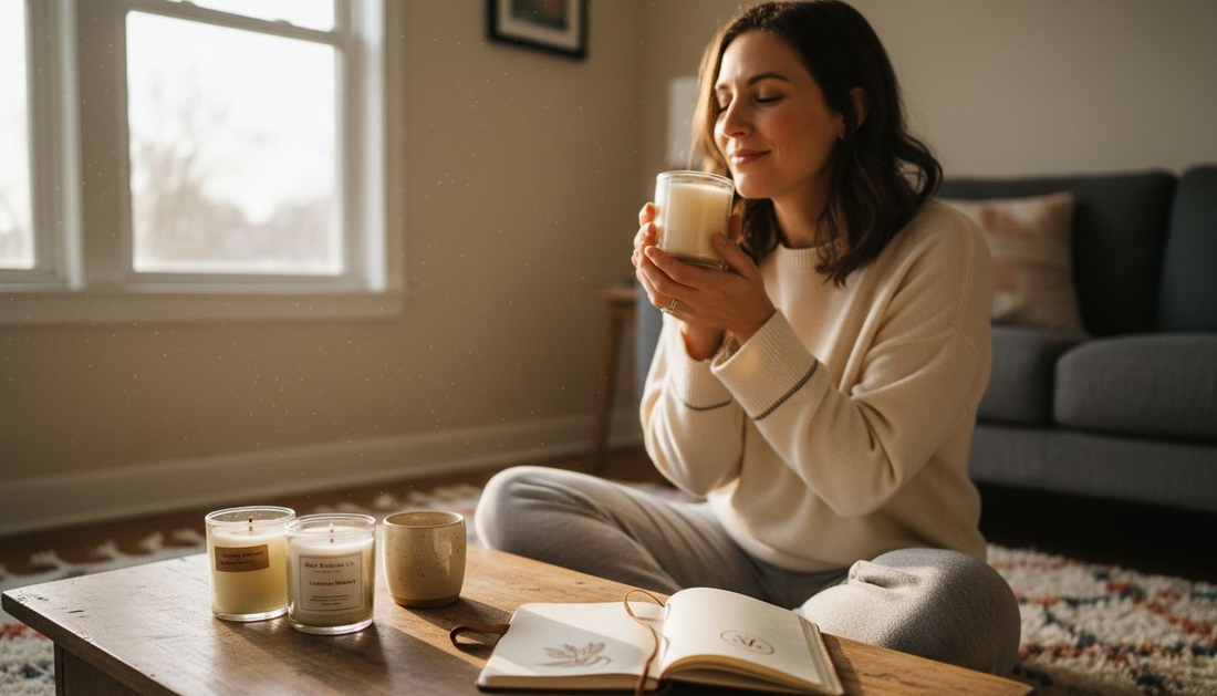 Woman sampling candle scents in cozy living room