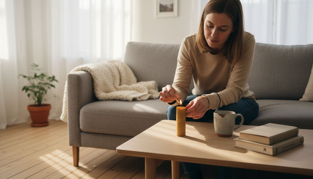 Woman lighting natural candle in living room