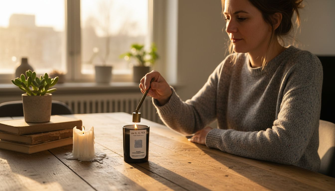 Woman using brass candle snuffer at table
