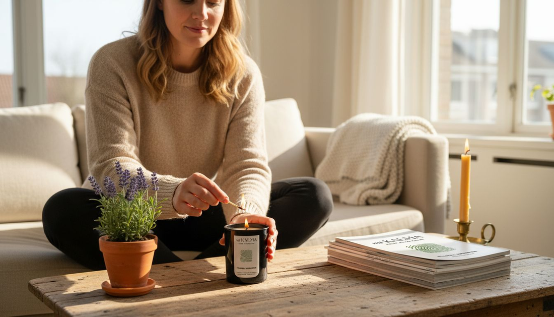 Woman lighting candle in sunlit living room