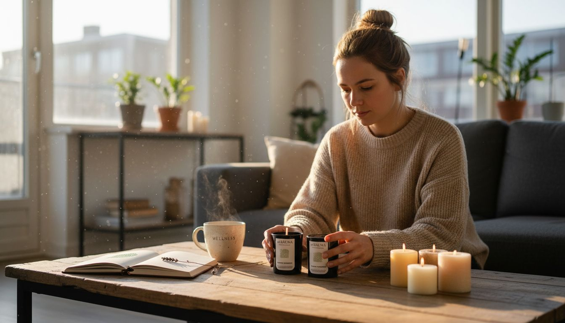 Woman arranging natural candles by window