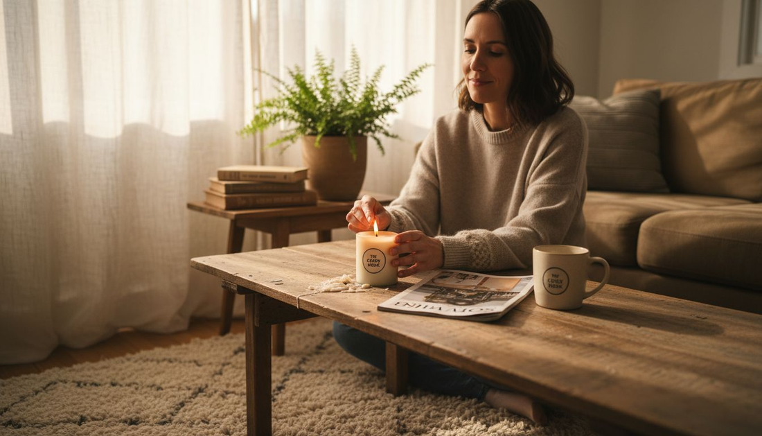 Woman lighting aromatherapy candle in cozy room