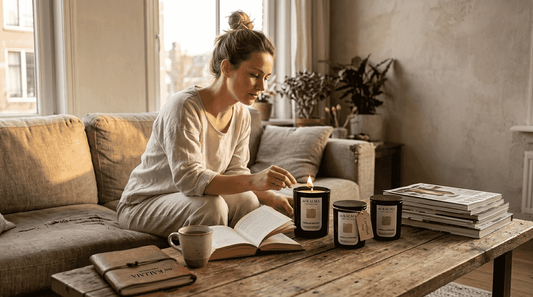Woman lighting eco-friendly candle at home
