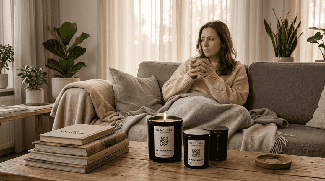Woman relaxing with candles in cozy living room