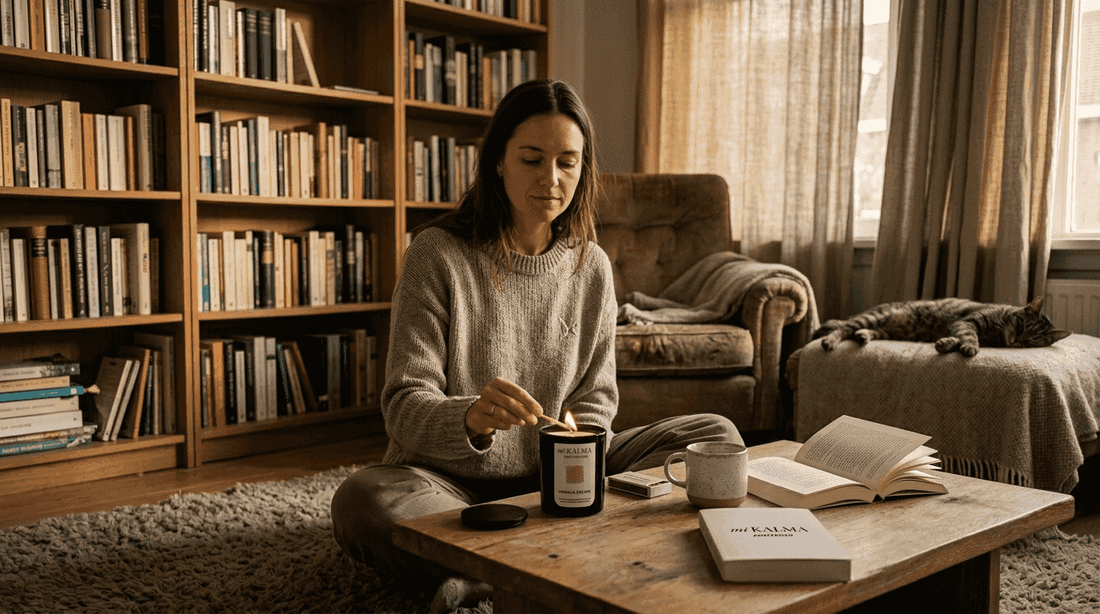 Woman lighting artisan candle for evening relaxation