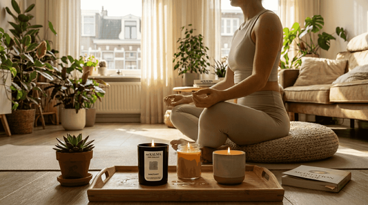 Person meditating with eco-friendly candles