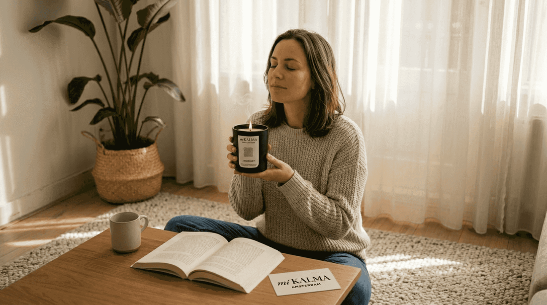 Woman relaxing with grounding scent candle