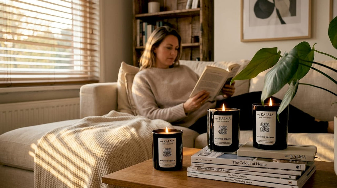 Relaxing with lit calming candles in home