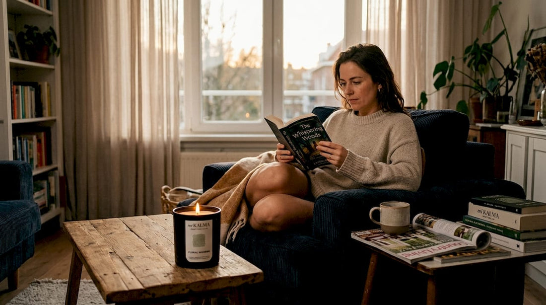Woman reading with candle burning in cozy room