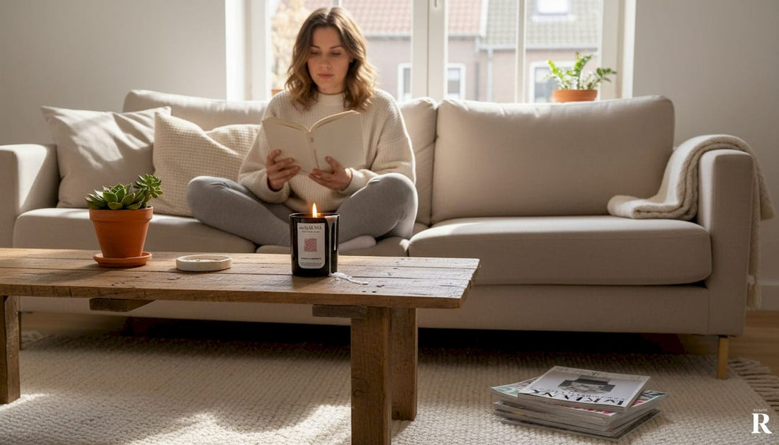 Woman reading with candle burning nearby