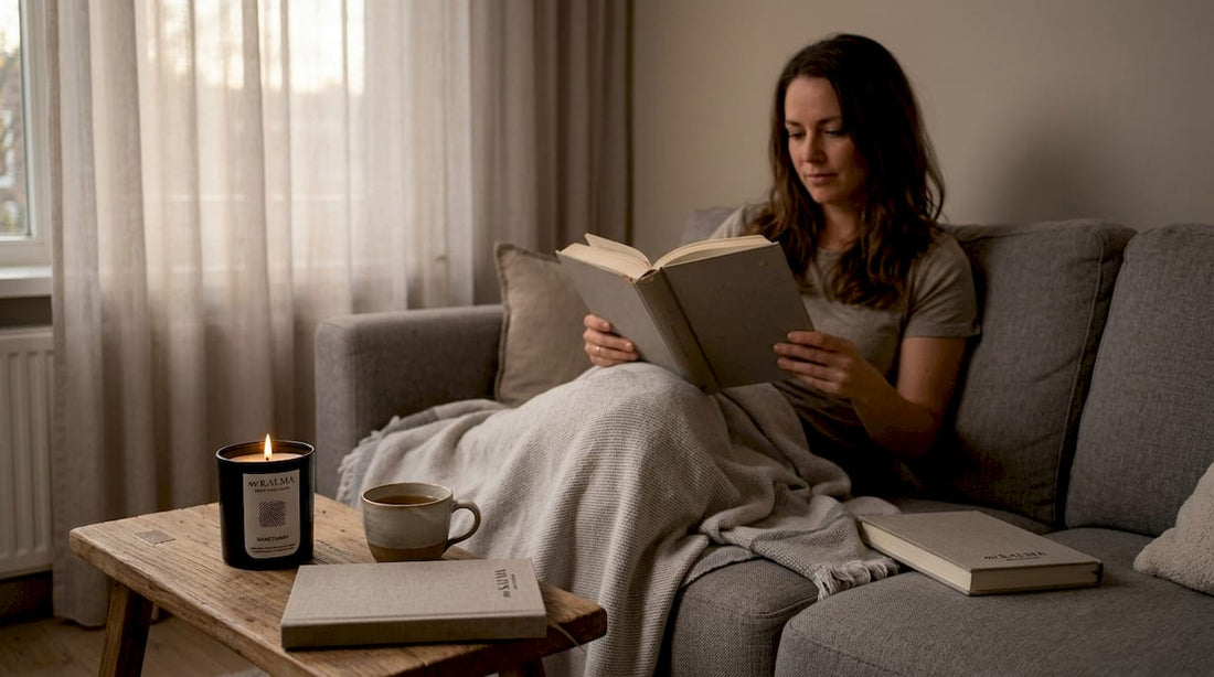 Woman reading with luxury candle in living room