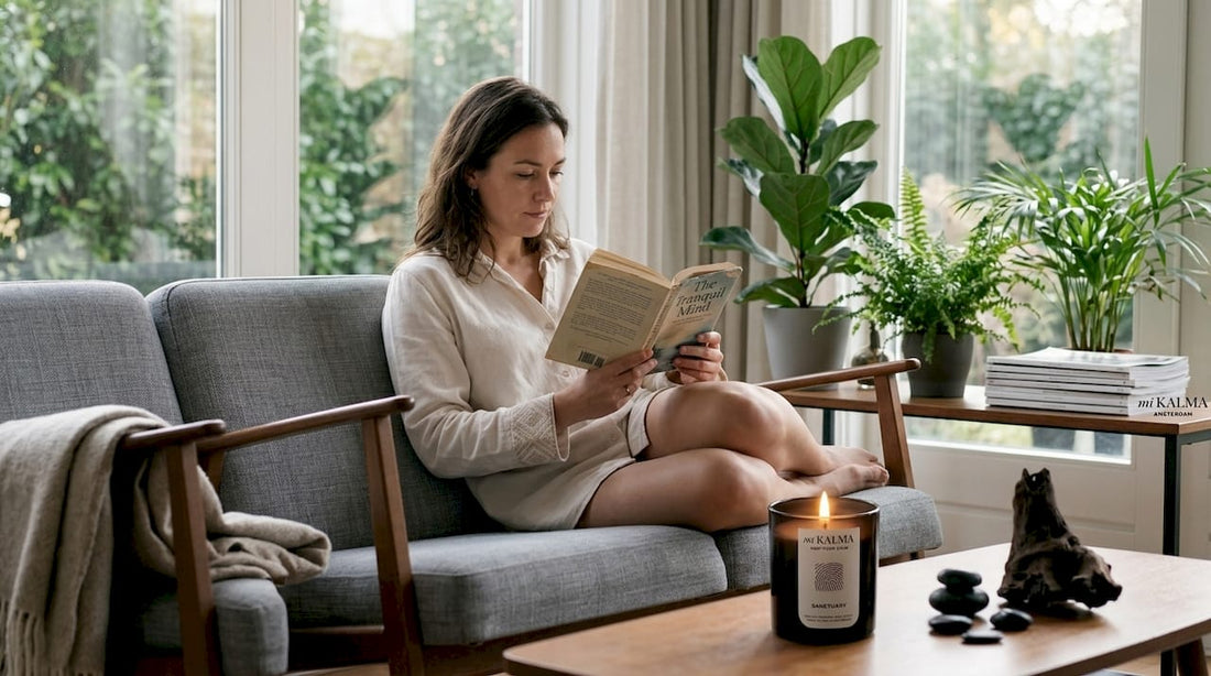 Woman reading with lit candle in living room