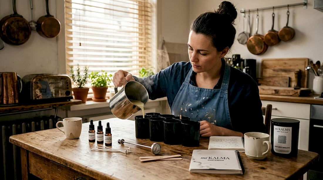 Candle maker pouring wax in kitchen workspace