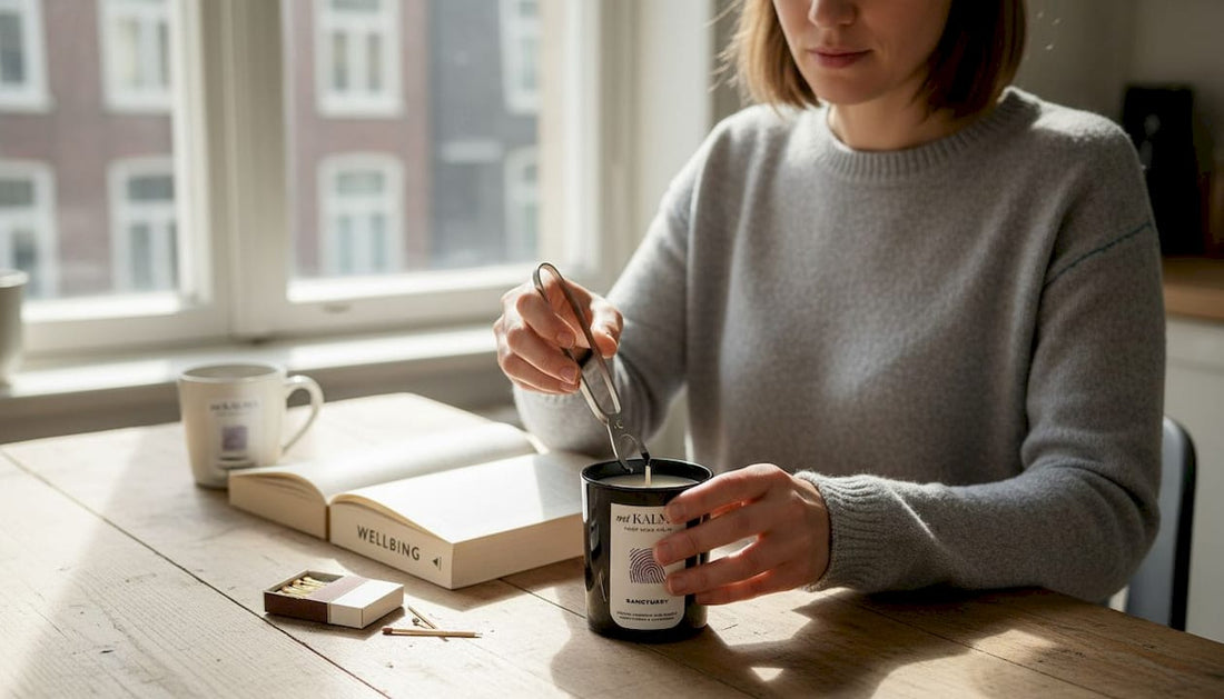 Person trimming candle wick at kitchen table