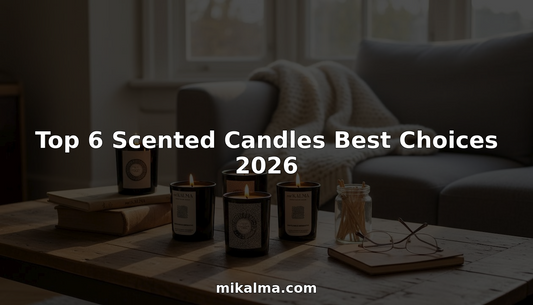 Six scented candles burning in cozy living room