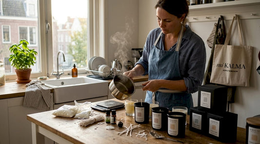 Woman pouring wax for candles at kitchen island