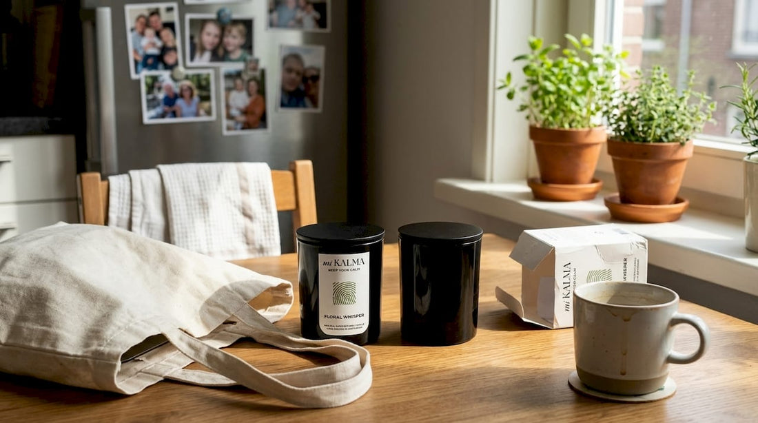 Woman comparing eco-friendly candles in kitchen