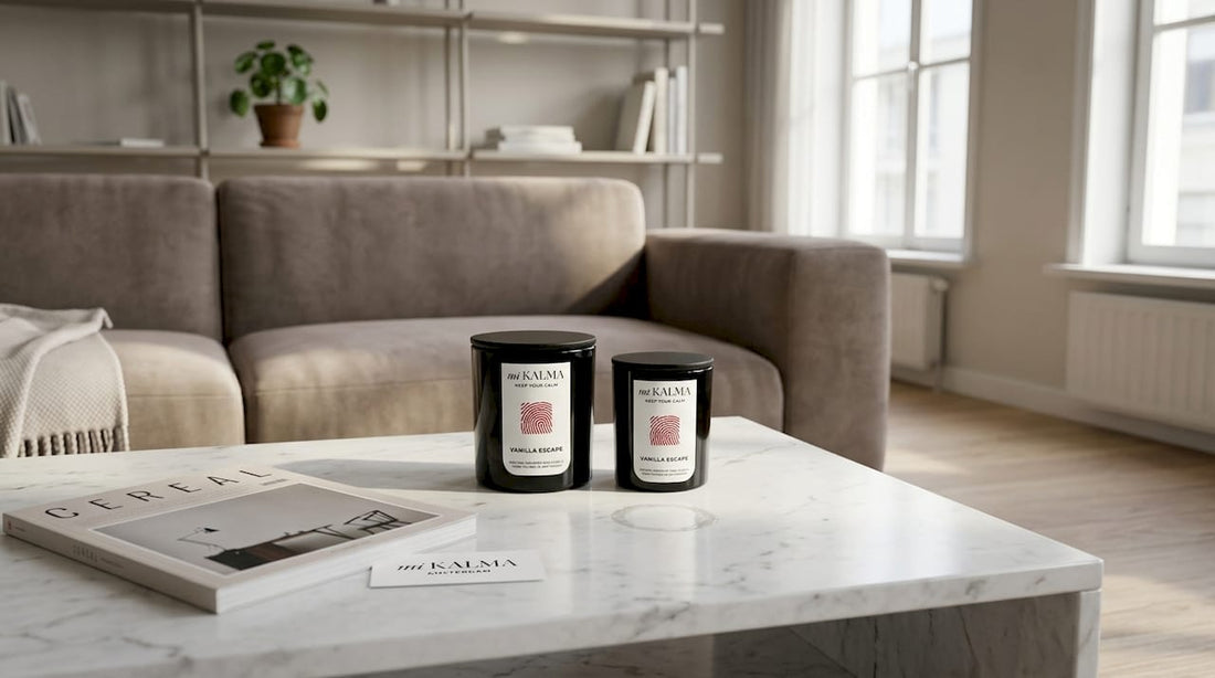 Woman arranging eco candles on coffee table